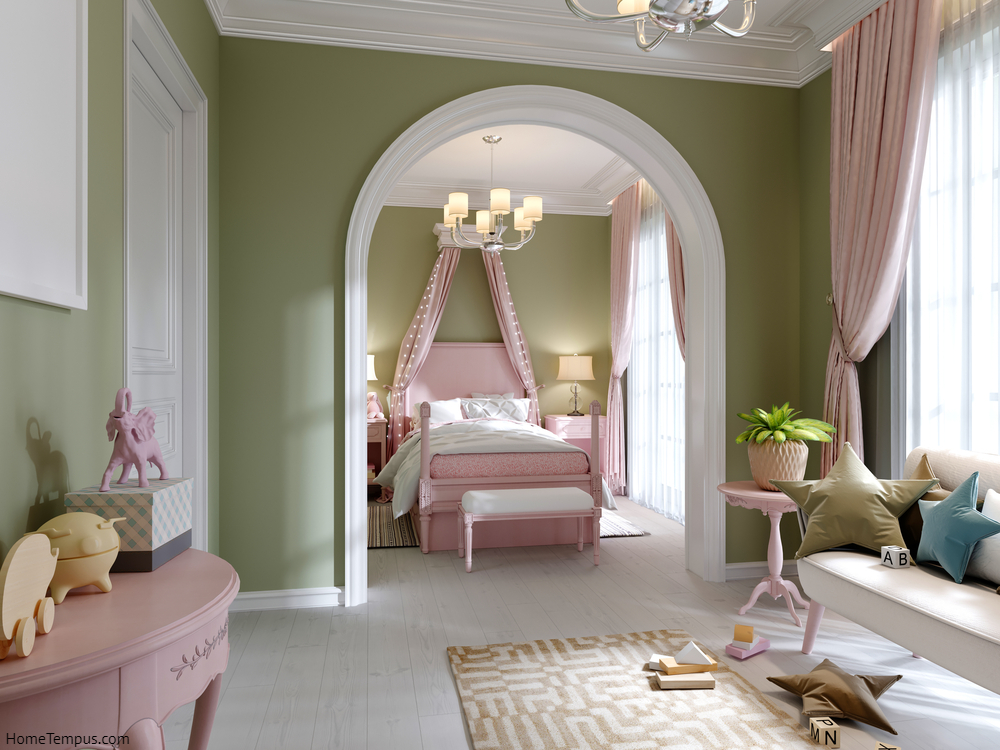 Green Pistacho and pink childrens rooms, two zones, a bedroom and a play area, an archway between the rooms. Pink Two Colour Combination for Bedroom Walls