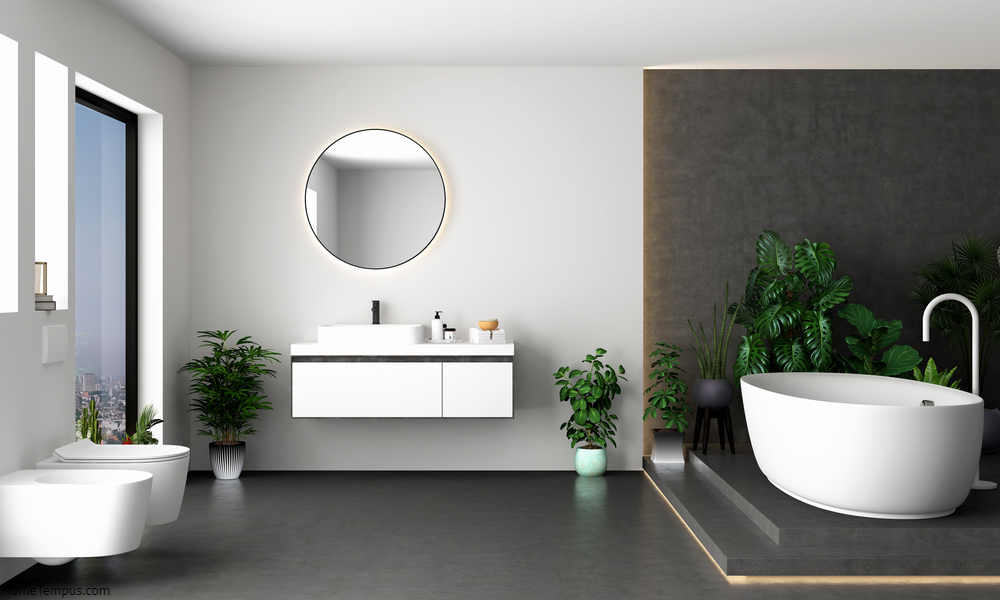 Minimalist bathroom interior with concrete floor,white wall background, beautiful plants. Grey walls with dark wood flooring