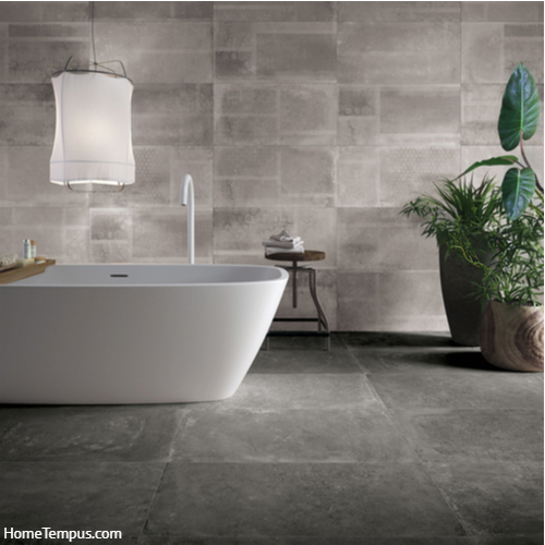 Modern bathroom with grey tiles, seamless, luxurious interior background. What color to paint walls with grey floor