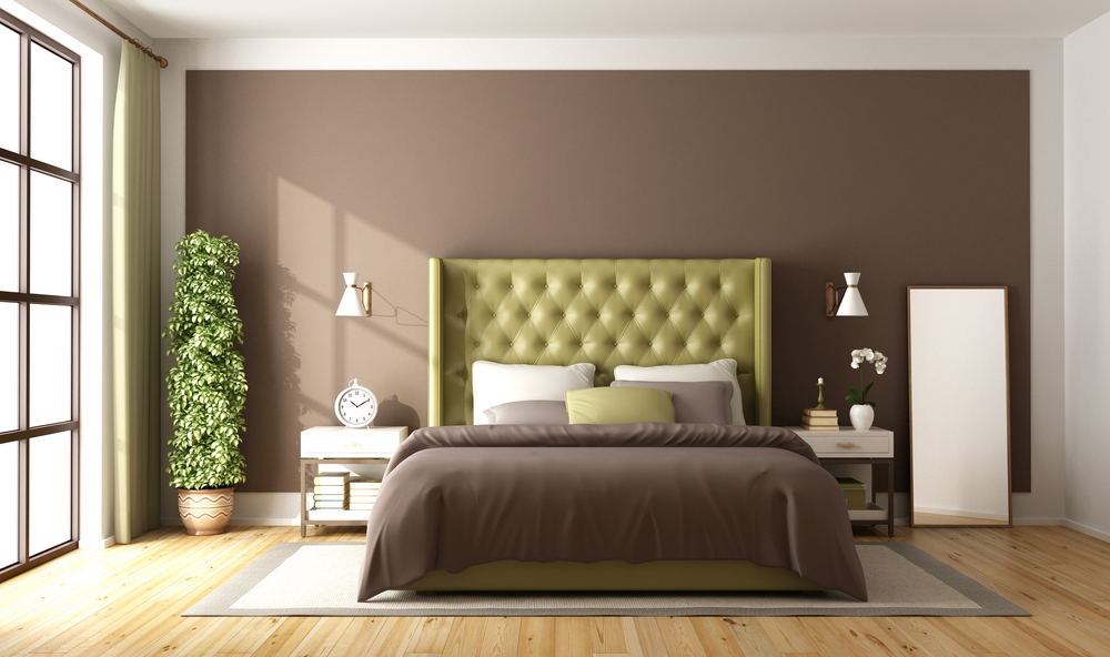 Brown and green master bedroom with elegant double bed: What colors go with lime green? Lime green and brown