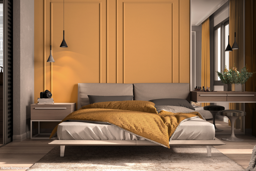 Minimal classic bedroom in orange tones with walk-in closet, double bed with duvet and pillows, side tables with lamps, carpet. Parquet and stucco walls, luxury interior design idea, 