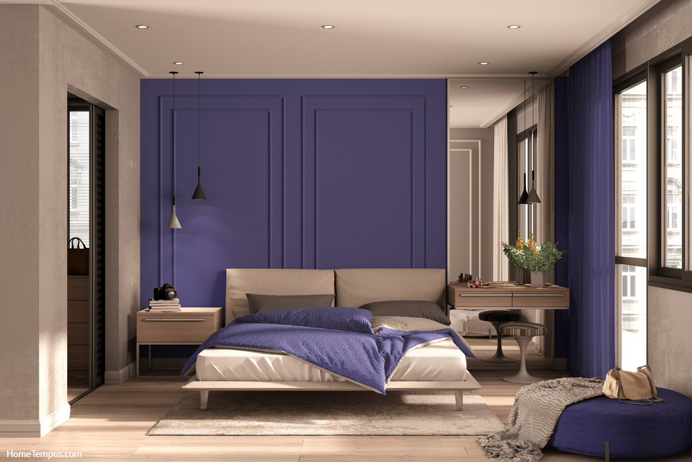Minimal classic bedroom in purple tones with walk-in closet, double bed with duvet and pillows, side tables with lamps, carpet. Parquet and stucco walls, luxury interior design idea
