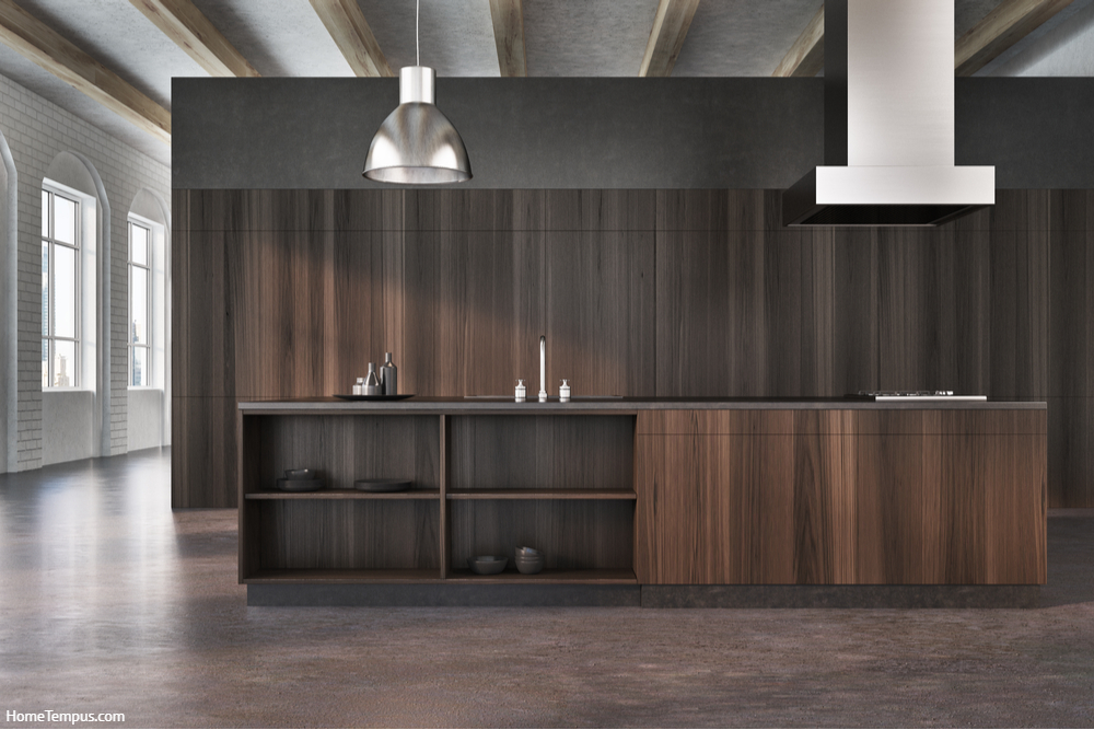 Maple wood floor with dark cabinets for a safe choice for modern kitchens