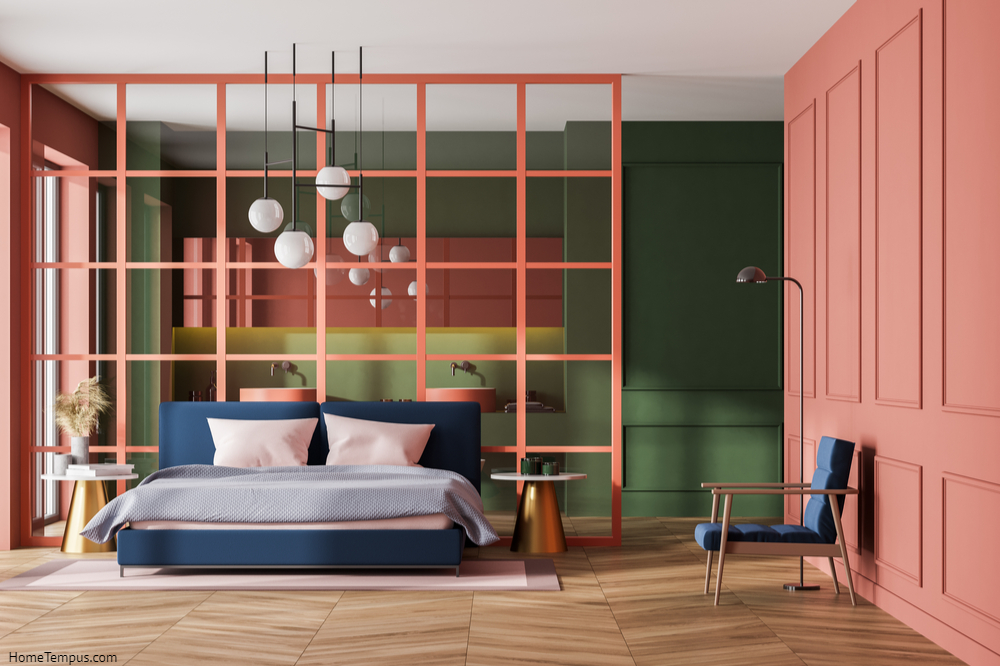 Peach wooden living room with bed and grey linens and pink pillows, armchair on parquet floor. Bedroom with bed and sinks on background, modern open space studio
