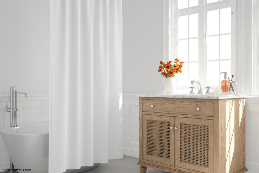 luxury bathroom interior with white bathtub, curtain, and a wooden shelf | alternative to shower curtain